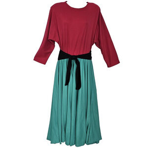 Vtg Dress 14 Colorblock Pink Green Belted Long Dolman Sleeves Midi Made USA